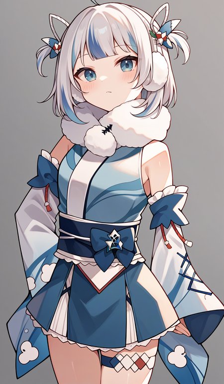 score_9,score_8_up,score_7_up,score_6_up,score_5_up,score_4_up,
1girl, gawr gura, virtual youtuber, medium hair, bob cut, two side up, ahoge, earmuffs, short sleeveless blue kimono skirt, white fur scarf, wide blue detached sleeves, blue obi, thigh strap, sleeves past fingers,
solo, grey background, simple background, looking at viewer,
<lora:guraponyxl6:1>