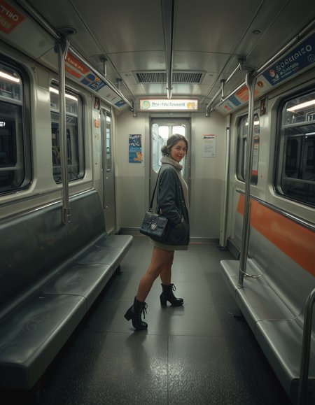 A modern subway train,Subw4y tr41n, in motion, with a single woman standing near the center of the train car, holding onto a shiny metal pole for balance as the train glides along the tracks. The woman is dressed casually yet stylishly, wearing a long black coat over a beige turtleneck sweater, paired with slim-fit jeans and ankle boots. Her hair is neatly tied back into a low bun, with a few loose strands framing her face. She has a thoughtful, calm expression, her gaze directed slightly downward as if lost in her own world. In her other hand, she holds a small tote bag, its strap looped over her wrist, with a paperback book peeking out from the top.
The subway car is clean but shows subtle signs of daily use. The walls are lined with muted gray panels, and the seats along the edges of the car are upholstered in a dark blue fabric, slightly faded from wear. Overhead, fluorescent lighting casts a bright, even glow across the interior, causing faint reflections on the polished floor, which is marked with the occasional scuff from commuters' shoes. Metal grab handles hang from above, gently swaying with the trainâs movement, and shiny steel poles are strategically placed throughout the car.
The windows on both sides reveal a blurry, motion-filled view of the dark subway tunnel, interspersed with flashes of graffiti-covered walls and dim utility lights. Above the windows, digital displays show the next stop in bright LED text, along with a route map that runs the length of the car. Small advertisements are mounted on the walls, showcasing everything from city events to product promotions, some with vibrant colors that add subtle contrast to the neutral tones of the train.
The atmosphere feels still and introspective, with the soft hum of the train and the occasional squeal of the wheels on the track. The train is sparsely occupied, with a few empty seats and subtle details like a forgotten coffee cup on one bench and a folded newspaper lying on the floor. The overall mood is quiet and reflective, capturing a moment of solitude and thoughtfulness during an ordinary subway ride.<lora:SDXLFaeTastic2400:0.4> <lora:extremely_detailed:0.4> extremely detailed, <lora:Subw4y_tr41n:1>, Masterpiece,best quality,hi res,8k,hi res,8k,award winning,(sharp focus, intricate, highly detailed),