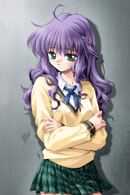 tachi-e,
<lora:moon-v2:1>
mima haruka, 1girl, solo, long hair, looking at viewer, skirt, long sleeves, school uniform, green eyes, purple hair, necktie, plaid,  plaid skirt, green skirt, blue necktie, yellow sweater