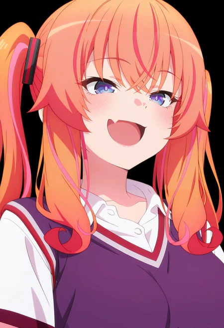 newest, masterpiece, best quality, 4k,ultra detail, 
black background, very aesthetic, detailed background, face focus,
1girl, solo,   <lora:Makina Agatsuma:1> mak1na, orange hair, pink hair, multicolored hair, long hair, twintails, hair ornament, blue eyes, mak1na_school, white shirt, short sleeves, sweater vest, purple sweater,smile, open mouth, skin fang