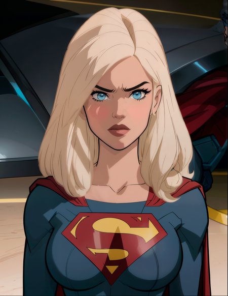 perfect quality,detailed, (large breasts:1.3),blonde,blue eyes,perfect face,looking at viewer,detailed face,perfect face,,cape,detailed eyes,detailed face,looking at viewer, <lora:Supergirl_Tomorrowverse_V2-10:1.2>,skirt,red ,classic superman logo,blue top,golden belt,(standing,upper body:1.2),sexy pose,serious,indoors