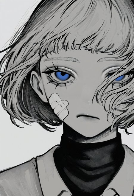<lora:TnhocXQ=-noobaiXLNAIXL_epsilonPred_V110_V1-CAME>, Tnho, monochrome, greyscale, 1girl, solo, looking at viewer, black sweater, bandaid on face, bandaid, white background, short hair, blue eyes, sweater, simple background, shirt, closed mouth, bandaid on cheek, portrait, eyelashes, grey hair, collared shirt, turtleneck, nike \(company\), bob cut, black shirt, bandage on face, upper body, floating hair, frown, long eyelashes