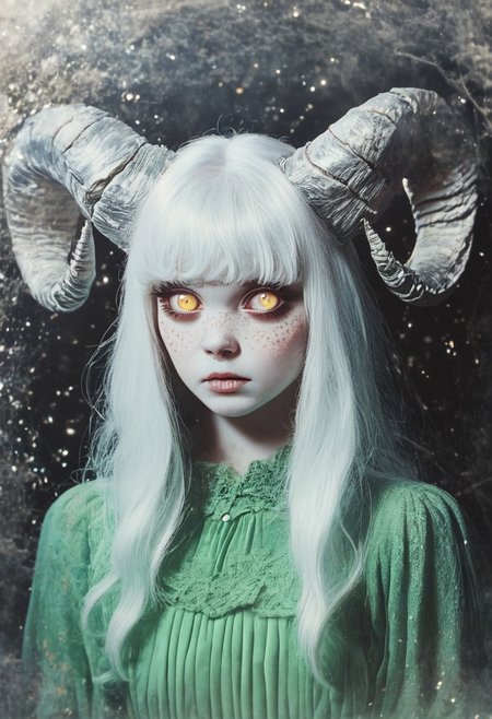 score_9, score_8_up, score_7_up, beautyfull color, aesthetic, colourful, ArsMovieStill, movie still from a 1970s horror movie, 1girl, solo, twisted ram's horns, freckles, white hair, long bangs, golden eyes, vertical pupils, pale skin, green dress, BREAK medium shot, detailed background