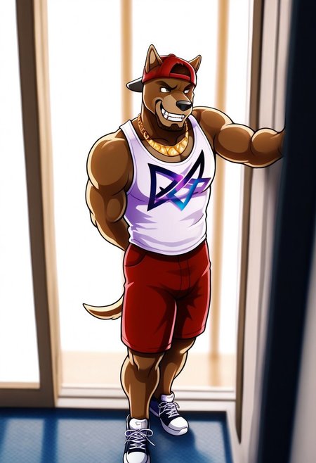 <lora:FletcherV1:1>, fletcher, dog boy, pitbull, brown fur, short hair, facial hair, tail, brown eyes, perfecteyes, muscular male, bara, athletic build, long torso, furry male, furry, 1boy, solo, beautiful, hyper-detailed, highres, depth of field, very aesthetic, vibrant colors, high sharpness, soft shading, dynamic angle, cinematic lighting, detailed background, white tank top, red shorts, backward red baseball cap, gold jewelry, necklace, full body, sneakers, feet out of frame, grin, fangs, cross arms, from above