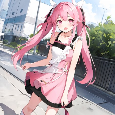chiyoura chiyomi,solo,1girl,<lora:chiyoura chiyomi:0.7>,twin tail,long hair,pink hair,pink dress,ruffled skirt