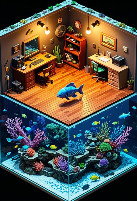 , Coral reef social media influencer house, with angelfish livestreaming their daily lives, sea horses doing product unboxings, and pufferfish drama channels. Parrotfish constantly redecorating for the perfect backdrop. Pixel art style with isometric perspective. Extreme detail in 16-bit aesthetic. Multiple rooms visible simultaneously. Humorous take on influencer culture through marine ecosystem lens. Commentary on privacy, authenticity, and digital age narcissism. Inspired by eBoy's isometric cityscapes and Wes Anderson's symmetrical compositions. Emotional keywords: quirky, satirical, mildly dystopian.