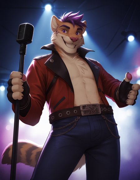 score_9, score_8_up, score_7_up, BREAK rating_safe,  detailed, <lora:add-detail-xl:2.5>, dutch angle, anthro, detailed body, hi res, <lora:ango76-13.safetensors:1.0>, by ango76, 1boy, male focus, furry, microphone, animal ears, tail, solo, gloves, furry male, microphone stand, belt, smile, purple eyes, fingerless gloves, looking at viewer, pants, holding microphone, holding, low angle