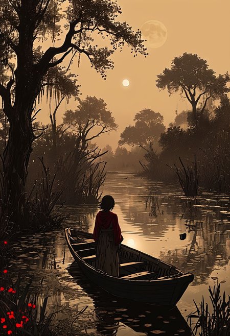 linquivera,  Ink illustration, (anime:0.5), brown tones, aged black red paper, inkpunk, moonlight,surreal, a ghost standing on a boat in swampy wetlands, (at a distance), Will-o'-the-wisp, moonlit, lonely, solitude, windy, tall trees, willows, willowy,  OverallDetail, extremely detailed, UHD,(long exposure , dystopian but extremely beautiful:1.4),