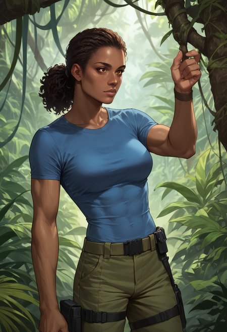 score_9, score_8_up, score_7_up, score_6_up, source_realistic, BREAK serious, 1girl, nadine, dark skin, dark skinned female, ponytail, blue tshirt, green pants, holster, breasts, jungle,