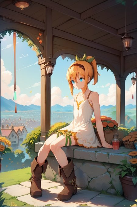 score_9, score_8_up, score_7_up, very aesthetic, source_anime, detailed, high quality, beautiful, masterpiece,
<lora:lightXL:0.8> neolight,scenery, outdoors, village, tree, mountain view, daylight,
cowboy shot, upper body,  close up, dynamic angle,
flat chest,  looking away, on top of the building, sitting, 
<lora:edna_v03:1>
ednadef, short hair, blonde hair, orange hair, high ponytail, blue eyes, hair between eyes, white dress, sleeveless dress, boots, leg ribbon, brown hairband,  green hair ribbon,, zPDXL