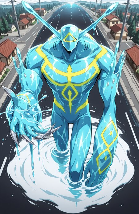 sk21_spof, humanoid, (water body), 
leaning forward, arm at side, raised hand,
claws,
giant, kaiju,
wet, water magic, hydrokinesis, melting,
<lora:[Char - IL] Shaman King - Spirit of Fire (R1E14):1> 
BREAK
from above,
flood, street,
utility pole, small houses, trees,
best quality, masterpiece, highres,
