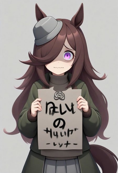 (umamusume,rice_shower_(umamusume),) 1girl,  , long skirt ,(need_buzz, buzz, need_buzz, holding sign, ), 
, Iron World Morph,,
,silver rose, 
animal_ears, , brown_hair, hair_over_one_eye, silver hat, horse_ears, horse_girl, horse_tail, jacket, long_hair, looking_at_viewer, purple_eyes,
(  skindentation, skirt, smile, solo,  tail,  
linea_alba, looking at viewer,  tilted_headwear, shaded face, fake smile, nervous sweat, wavy mouth, , very awa, long_sleeves,, solo,  general, :0.8)