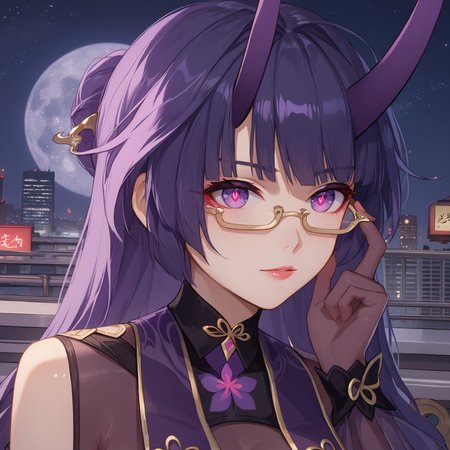 score_9, score_8_up, score_7_up, score_6_up, BREAK source_anime, looking at viewer, night, city, 1girl, solo, close up, adjusting eyewear, masterpiece, best quality, high detailed skin,   raiden mei, raiden mei \(aqueous_springtide\), long hair, purple hair, hair ornament, purple horns, purple eyes, semi-rimless eyewear, symbol-shaped pupils, chinese clothes, elbow gloves, bodystocking, high heels,