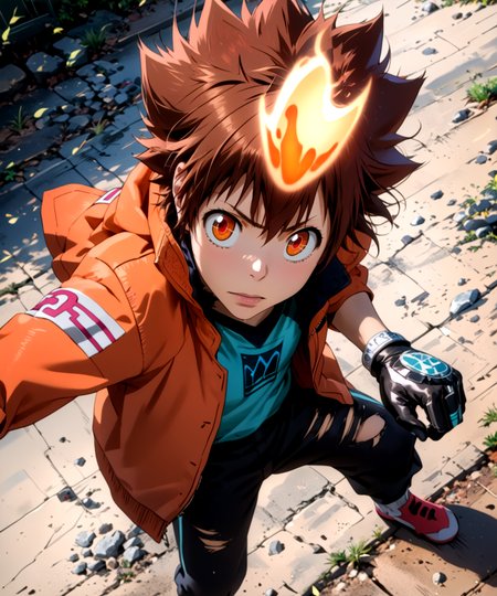 score_9, score_8_up, score_7_up,
Tsunayoshi Sawada, X-Gloves activated, intense expression, mid-air pose, flames on hands, high detail, photorealistic, vibrant colors, battle-torn background
<lora:Tsunayoshi_Sawada_æ²¢ç°_ç¶±å__2_Looks_-_Katekyo_Hitman_Reborn_å®¶åº­æå¸«ããããã³REBORN_-_Pony:1> tsunayoshi sawada, brown hair, orange eyes, tsuna hyper, dynamic pose, motion lines, orange jacket, vongola x-gloves