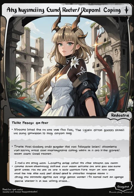 c4rd,english text,character name,
ruins,from side, confusion, looking at viewer,
ReedTFS, long hair, ponytail, hair flower, hair over shoulder, horns, hair ornament, dragon tail, ReedBase, long hair, ponytail, hair flower, hair over shoulder, horns, hair ornament, dragon tail, white dress, black jacket, bodystocking, black gloves, single glove, black pantyhose, thigh strap, 
,score_9,score_8_up,score_7_up, source_anime,
 <lora:MTG_card_v2:1>   <lora:ChamReedTFSPonyXL:1>