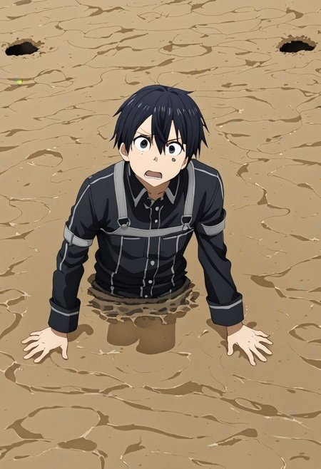 high resolution, professional photography, best quality, 1Boy, Kirigaya Kazuto, Black Hair, Black Eyes, overalldetail, panicking, asking for help, trapped, quicksand, dying