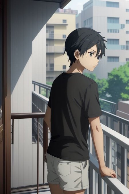 high resolution, solo, best quality, 1Boy, Kazuto Kirigaya, portraits, Black Hair, Black Eyes, home balcony, morning, cigarette, coffee, t-shirt, shorts, looking away, OverallDetail