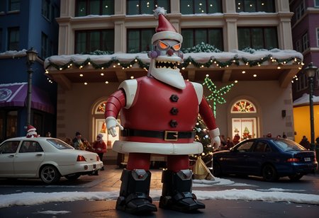 score_9, score_8_up, score_7_up,  a Crazy Robotic Santa Claus rider of wild  robo Motorcicle, Christmad techo city background