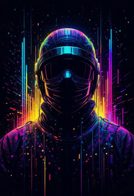 Illuminated ninja in the style of golden glitched rainbow. Snow is falling as holographic colored baroque geometric patterns float around the canvas in the style of colorful digital art. The image has a cyberpunk aesthetic with a glitchy distortion and psychedelic color palette. Black background, neon lights, glitch art, surrealism, high contrast, vibrant colors, psychedelic patterns, ethereal glow. The overall mood should be one of spiritual contemplation and otherworldly beauty. It's like something in the style of science fiction.