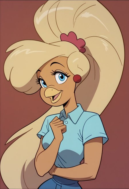 Goldie, big hair, beak, bird girl, solo, blonde hair,bird  girl,blue eyes, long hair,beak,1girl, solo, red background, ponytail, furry female, furry, smile, long hair, blonde hair, high ponytail, open mouth, shirt, looking at viewer, parody, blue eyes
score_9, score_8_up, score_7_up, score_6_up <lora:GoldieRockaPony1.0:0.8>