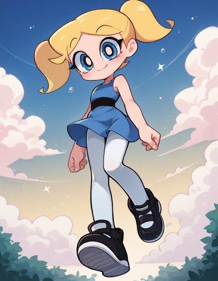 zPDXL, score_9, score_8_up, score_7_up, source_anime,
1girl, solo,  <lora:KimKrab_v2:0.8> kimkrab, bubbles \(ppg\), blonde hair, blue eyes, twintails, blue dress, white leggings, black footwear,