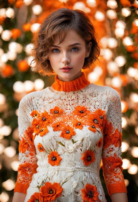 masterpiece, Best Quality, (1womanl), Ultra-detailed, finely detail, hight resolution, 8K picture quality, UHD, Perfect dynamic composition, Beautiful detailed eyes, Natural Lip, orange and white floral knitted dress, extra very short hair, Abstract background, bashfulness, neon lights diffused in background,