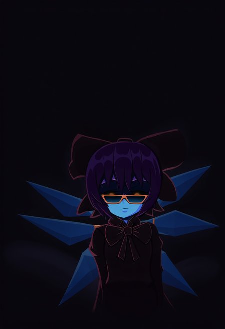 score_9, best quality, masterpiece, uncensored, source_anime
BREAK
1girl, solo, short hair, bangs, bow, hair bow, wings, glasses, bowtie, colored skin, sunglasses, blue skin, tinted eyewear, cirno, glowing eyes
<lora:duhota_pony_v2:1>