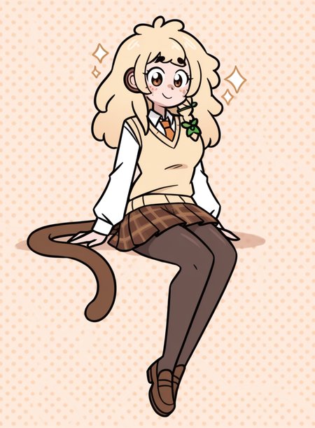 1girl, solo,  <lora:BananaJuju:0.8> bananajuju, blonde hair, brown eyes, freckles, monkey tail,
school uniform, sweater vest, collared shirt, necktie, plaid skirt, pleated skirt, pantyhose, loafers, formal, sitting, leaning in eagerly, sparkling expression, joyful anticipation, upbeat aura,
 <lora:CherryCreamFairy:1> ccf, extremely detailed, highres, masterpiece, best quality