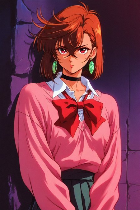 <lora:ayase_momo-koto-Illustrious v01:0.4> ayasemomo, hair between eyes, crossed bangs, green earrings, brown hair, red eyes, black choker, short hair, white shirt, red bowtie,pleated skirt,school uniform, pink cardigan, long sleeves, 1girl, solo, alone,  <lora:dark_fantasy_anime_illustriousXL:1>, dark_fantasy_style, dark fantasy, retro, masterpiece, highres