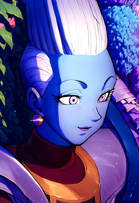 score_9_up, score_8_up, score_7_up, best_quality, Expressiveh, IBG, whis, blue skin, white hair, pointy hair, lavender eyes, purple lips, coy smile, lavender wedding dress, vibrant garden, alien world, vibrant bioluminescent fauna, dazzling moonlight,