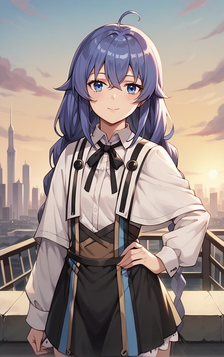 score_9, score_8_up, score_7_up, BREAK
Shirt_RoxyMigurdia_ownwaifu, 
1girl, blue eyes, blue hair, roxy migurdia, hair between eyes, braid, long hair, twin braids, crossed bangs, bangs, long sleeves, white shirt, collared shirt, dress, white capelet, white dress, capelet, shirt, black ribbon, black skirt, suspenders, long braid, neck ribbon, sidelocks,
(contrapposto, hand on hip), sunset, sidelighting, cityscape, vanishing point, outdoors, <lora:PONYXL_MushokuTensei_RoxyMigurdia_ownwaifu:1> , depth of field, solo,