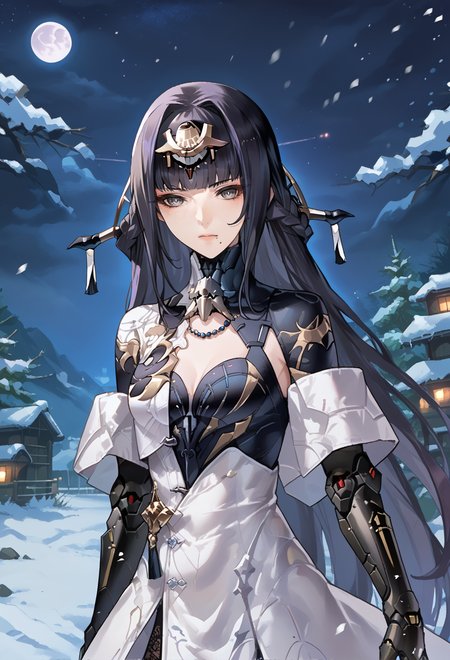 score_9, score_7_up, source_anime, BREAK <lora:Qu-Shukra:0.8> Shukra, gray eyes, multicolored hair, black hair, lavender hair, mole under mouth, headgear, dress, mechanical arm,
night sky, snow, <lora:Ban!_(bansankan)_PonyXL_style_v01:1>