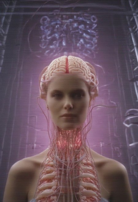 crt style tvs sets multiple human brains emerging from woman glowing massive amounts of intestines and cables woven together inside multiple modern television sets in technology warehouse