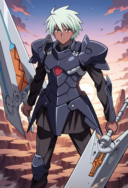 masterpiece, best quality, high quality, anime, solo, 
 <lora:AEKazuki_1:1> 
 AEKazukiVictor, red eyes, green hair, hair between eyes, short hair, dark-skinned male, dark armor, holding lance, huge weapon,