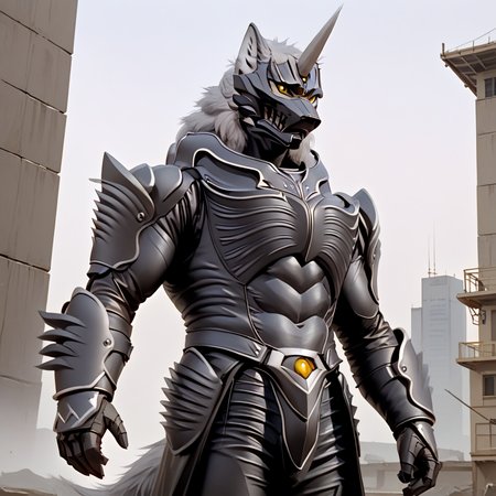 score_9, score_8_up, score_7_up, score_6_up, score_5_up, score_4_up, 
dynamic action pose, male, handsome, powerful muscular body, (full body), (Totality Embodiment), breathtaking beauty, pure perfection, divine presence, unforgettable, impressive, chiaroscuro, night time,
black metal armor, grey wolf, grey body, grey skin, grey fur, villain, glowing yellow eyes, long white hair, wolf face helmet, wolf face mask, single horn on forehead, powerful muscular warrior like body, opened armored leather long jacket, thick arms, thick legs, wide thick chest, large pecs, abs, dashing, evil, villain, supervillain, detailed background, conquering a futuristic city, intimidating presence, 
 <lora:Zen_Aku_Power_Rangers_Wild_Force_AD_SDXL:0.85>