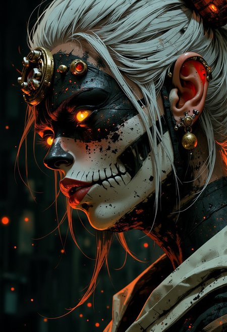 portrait of beautiful oriental female shaman, white hair with skull-themed hair ornaments, black and white face paint in a skull fashion, burning bright eyes. Perfect Composition, realistic photographic image, RAW photo highest quality, perfect directional lighting, highly detailed face, dark eye-shadow, high contrast, viewed from side