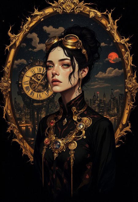 The image is a digital art piece at night that appears to be a portrait of(full body) a young woman with a futuristic and aetherpunk-inspired hairstyle.Behind her an oval window surrounded by fractal brass intricate details, She is wearing a multicolor and brass outfit with intricate details and gem jewelry. She is under a perspective ceiling light,Her hair is styled in a high bun with a pair of goggles on top, and she is looking off to the side with a serious expression on her face.
In the background through the window, there is a large clock with intricate gears and cogs, and a aetherpunk cityscape at night like a painting with tall buildings and skyscrapers,city lights. The clock is surrounded by a nightsky with clouds,red moon and stars. The overall mood of the image is dark and mysterious, with a sense of mystery and intrigue.