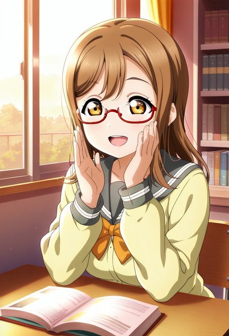 masterpiece,best quality,amazing quality, kunikida hanamaru, brown hair, amber eyes, long hair, 1girl, book, glasses, uranohoshi school uniform, school uniform, solo, red-framed eyewear, smile, open mouth, window, semi-rimless eyewear