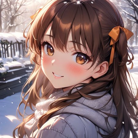(masterpiece),(best quality),(ultra-detailed),(best illustration),(best shadow),(absurdres),(detailed background),(very aesthetic), rina_ogata, 1girl, solo, brown hair, scarf, snow, long hair, smile, blush, two side up, brown eyes, ribbon, looking at viewer, tree, hair ribbon, snowing<lora:XL-RinaOgata:1>