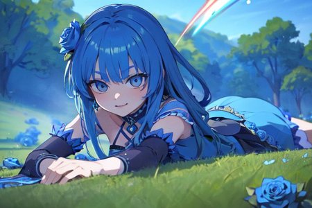 (masterpiece:1.4), 4K8K, (anime style), (high shutterspeed:1.4), (sharp edges), 
SyFyEye1, FanFo, 
1woman  hands togather,  leaning foward, face focus, smile, closed mouth, 
wearing Celtic style dress, (Detailed face, Detailed eyes, Detailed lips), (solo), 
blue hair, any colored roses, Fantastic, grass firld,