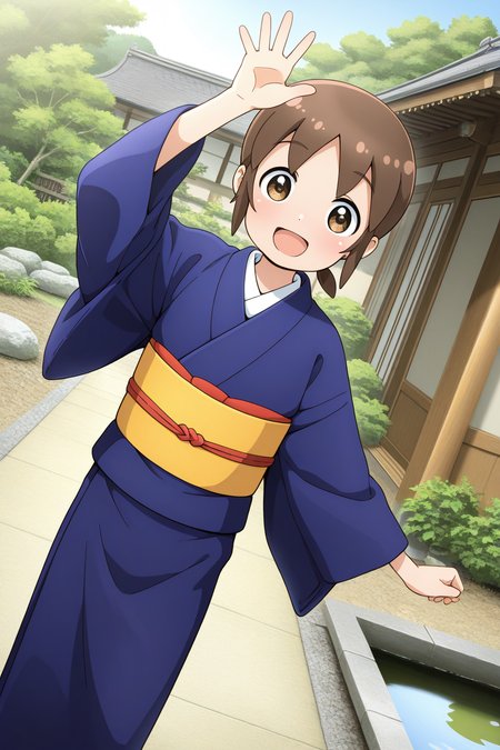 masterpiece, best quality, amazing quality, absurdres, solo, sekioriko, smile, short, small, open mouth, arm up, waving, dutch angle, looking at viewer, short brown hair, blue kimono, yellow obi, outdoors, ryokan, garden, east asian architecture, pond