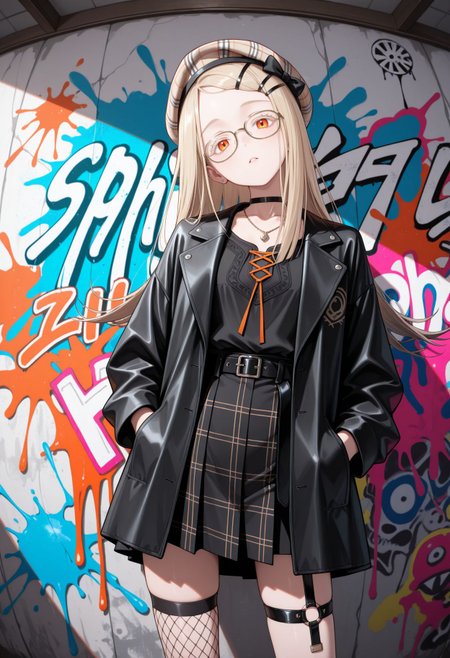 masterpiece,best quality,absurdres,highres,very aesthetic,high quality,detailed,insanely detailed,beautiful,perfect lighting, looking at viewer, very awa
 <lora:Hiro Shinosawa illu:1> shinodef, 1girl, long hair, hairclip, hair ornament, blonde hair, orange eyes, plaid beret, hat bow, hairclip, glasses, black choker, necklace, black jacket, black shirt, black belt, black skirt, asymmetrical legwear, thigh strap, fishnet thighhigh, striped thighhighs, abstract background, abstract, colorful, paint splatter,fisheye, graffiti, hands_in_pocket, head up, head tilt,