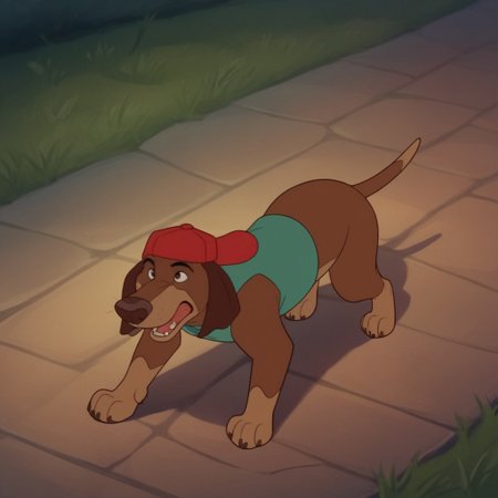 score_9, score_8_up, score_7_up, score_6_up, score_5_up, score_4_up, source_furry, ItchyItchiford, feral, male, Dachshund, brown fur, green shirt, sleeveless, red hat, running on all fours, outside,
