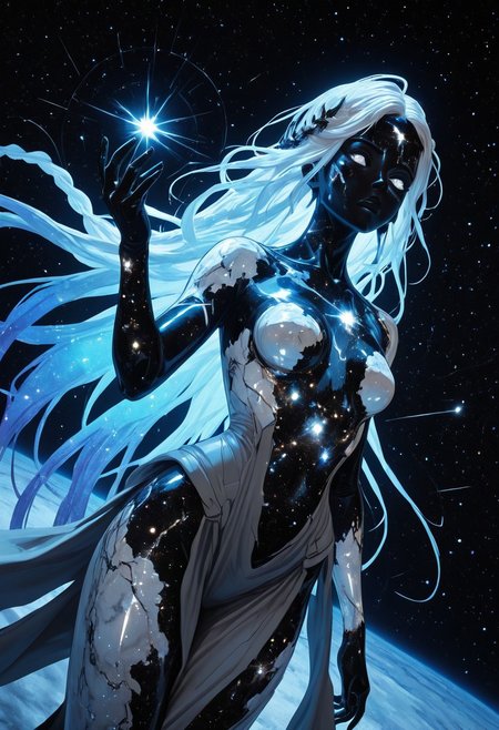 highres, very detailed, amazing quality, masterpiece,
very aesthetic, sp4ce-g0dd3ss
particle effect,
1girl, solo, beautiful eyes, goddess, goddes of constellations, black skin, sparkly skin, glitter on skin, iridescent hair, glowing hair, very long braids, strong face, solo, eyes with galaxies, cosmos eyes, Covered in Tattoos, geometric tattoos, white tattoos, small breasts, curvy, grey robe with pearlescent trim, 
BREAK, 
greek theme, goddess theme, universe theme, 
extending hand, holding space craft in hand, holding miniature space craft in hand,
foreshortening, dutch angle,
thoughtful look, pondering, 
in cosmos, universe, endless stars around her, galaxies, comets, nebulae