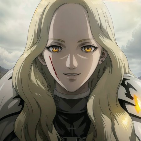 masterpiece, highquality, 1girl,  blood_on_face, blood,  smile, looking_at_viewer, blonde hair, yellow_eyes,  ray tracing reflections,  wavy hair, white outfit, shoulder armor, ,raincoat, glowing_eyes, illuminance,    <lora:Terezka:0.7>  <lora:epiNoiseoffset_v2:1>, (natural skin texture, hyperrealism, soft light, sharp:1.2)
