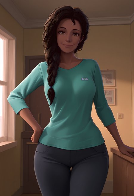 1girl,solo,Rio,mature female,dark skin,long hair,brown hair,braid,brown eyes,
shirt,pants,cowboy shot, hand on own hip, wide hips, looking at viewer, smile,indoors
,masterpiece,best quality,amazing quality,<lora:Rio_Morales-Spider-Verse:0.8>