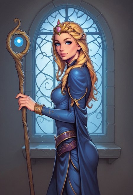 1girl, (((side view))), from front, solo, illustration, comic style, highly detailed, skinny, model body, looking at viewer, masterpiece, best quality, 1girl, masterpiece, best quality, fayenchantress, 1girl, solo, blonde hair, long hair, blue eyes, (young beauty, fit body:1.3), ((((magic shining orb in staff right hand, opened magic book in left hand)))), ((((magic clothes, tiara)))), dynamic pose
<lora:FayEnchantress:0.9>
BREAK 
(((dark magic Observatory inside, night sky in window:1.6)))) score_9, score_8_up, score_7_up, score_6_up, source_cartoon, rating_explicit, Expressiveh, ((((full body))))), dynamic pose