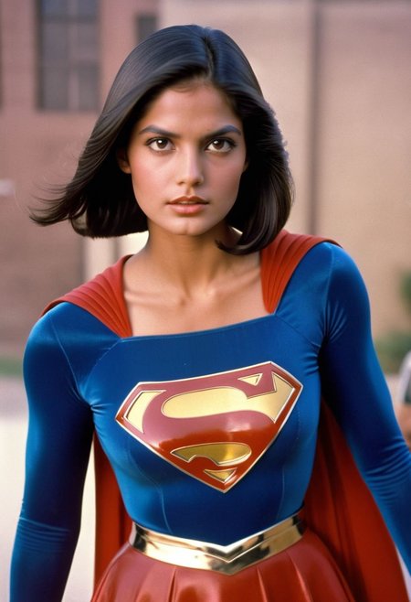 1980s Supergirl film costume, youthful raven-haired Mexican Supergirl, facing forward, shiny voluminous smooth straight side-parting short bob haircut, Supergirl film 1980s, ultra-realistic photo, Hyperdetailed photography, sharp focus