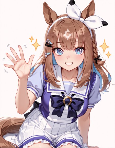 1girl, solo, almond eye \(umamusume\), horse girl, horse tail, umamusume, x-shaped pupils, hairclip, hair ornament, diamond hair ornament, hair bow, 
tracen school uniform, short sleeves, summer uniform, 
smile, sparkle, 
waving, sitting, 
white background, 
cowboy shot, looking at viewer, straight-on, <lora:almondeyeill10ill01v3:1>, 
masterpiece, best quality, amazing quality, very aesthetic, absurdres, highres, newest, <lora:xl_saturation_slider:0.1>, <lora:illustriousXLv01_stabilizer_v1.164:0.4>, <lora:reduce_wrinkles_illstriouosv0.1_ADDifT_2_in_1_v1.2:0.9>,