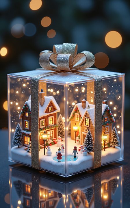 A crystal-clear transparent gift box containing a tiny Christmas-themed village. Inside the box, charming cottages with snow-covered roofs are adorned with festive decorations like garlands, golden ornaments, and sparkling string lights. The setting includes a frozen lake for ice skating, miniature street lamps glowing warmly, and small figurines building snowmen. The environment is lit with soft, magical lighting, emphasizing the intricate details of the miniature world. The gift box is placed on a reflective surface, enhancing its fantastical appeal. <lora:aidmaMJ6.1v0.4:0.6> aidmaMJ6.1